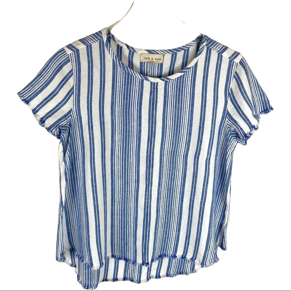 COLTH & STONE BLUE AND WHITE STRIPED FRAYED HEM TOP